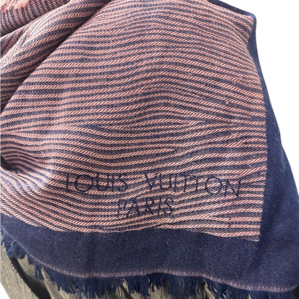 Auth Louis Vuitton Blue Pink Epi Textured Wrap Shawl Stole Cashmere Silk - Picture 7 of 13